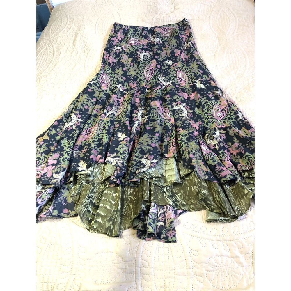 Cabi Reversible Paisley Tiger Stripe Ruffle Midi Skirt Green Fairycore Grunge M